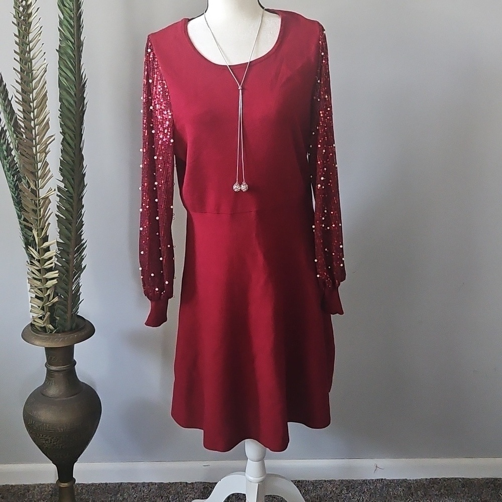 Cato Maroon Sweater Dress with Sequin and Pearl Long Sleeves NWOT - Picture 2 of 15